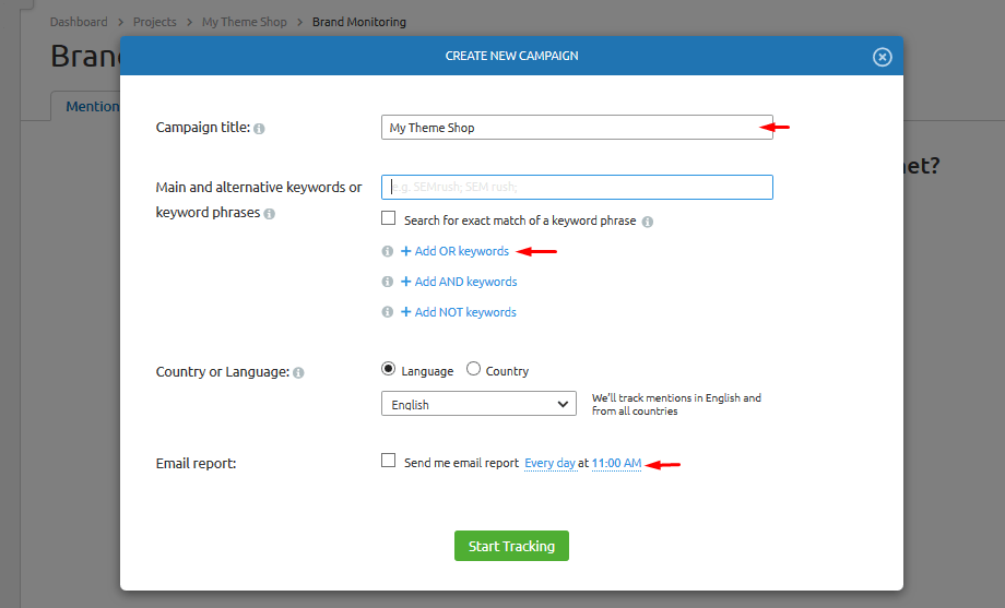semrush create new campaign
