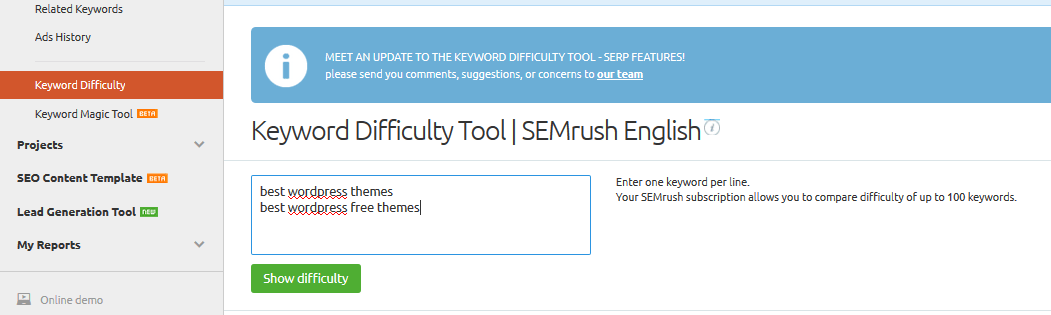 semrush keyword difficulty tool