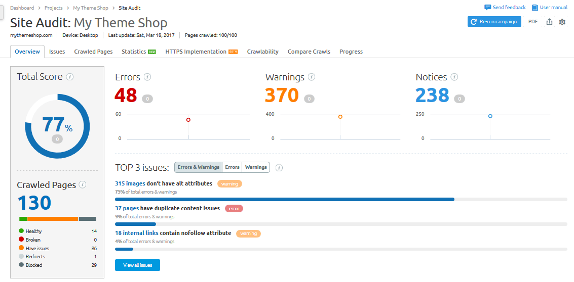 semrush site audit