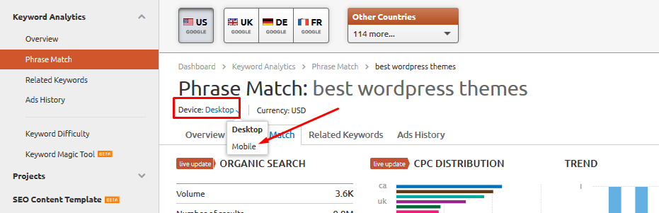 semrush 词组匹配设备